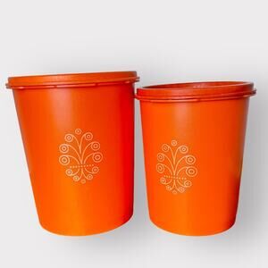 Vintage Tupperware Set of 2 Servalier Cannisters Orange 811-6 809-5 MCM Made USA